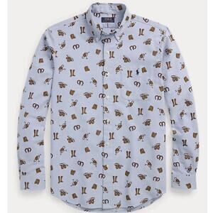 NWT Polo Ralph Lauren Chambray Equestrian All Over Print Oxford Shirt Medium